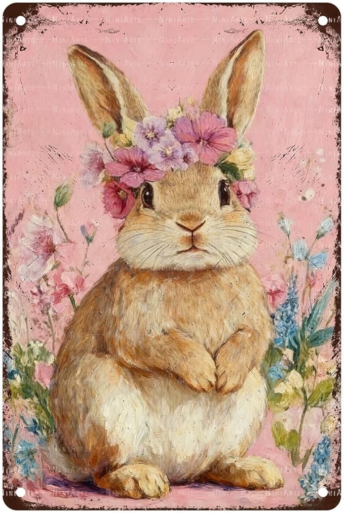 Cute Bunny Metal Sign Vintage Easter Design Rustic Farmhouse Decor Suitable For Home Garden Bar Cafe Outdoor Indoor Wall Display 8X12Inch