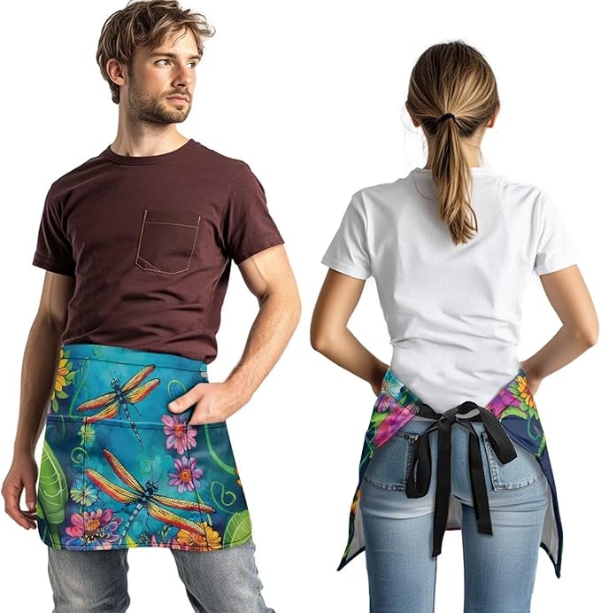 Waist Apron with 3 Pockets Waterproof 13 Inch Short Half Waist Aprons Women Men Server Aprons Waitress Waiter Apron