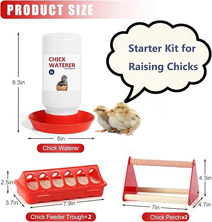 Chick Feeder and Waterer Set, 5 Pcs Baby Chicken Supplies with Chicks Feeder Trough, 1L Waterer and Perch, Chicken Starter Kit for Small Poultry Ducks Quail Brooder Coop