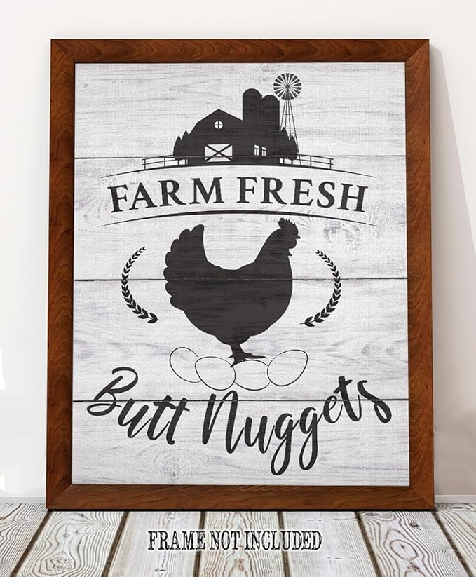 Farm Fresh Butt Nuggets - Farm Animal Chicken Coop 28x36 Unframed Print, Funny Chicken Sign for Farmhouse Decor, Rustic Country Wall Art, Kitchen Decor, Farm Fresh Eggs Wall Art, Cottagecore Style