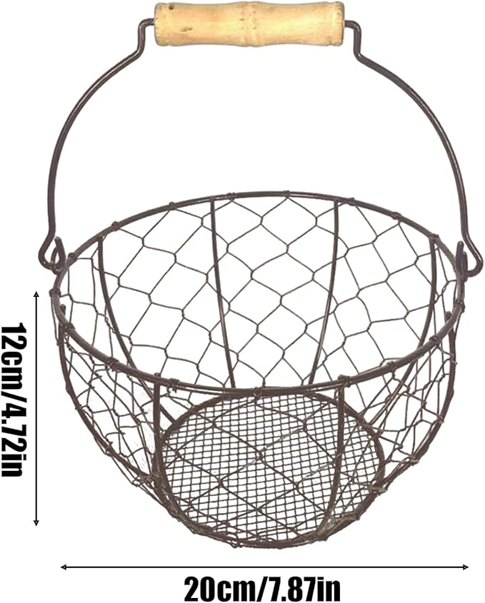 Chicken Egg Basket for Gathering Fresh Eggs with Metal Handle, Round Egg Holder Countertop, Vintage Rustic Farmhouse Kitchen Decor Fruit Storage