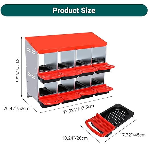 Garvee Chicken Nesting Boxes, 8 Hole Metal Chicken Laying Box with Removable Trays for Chicken Coop, Red