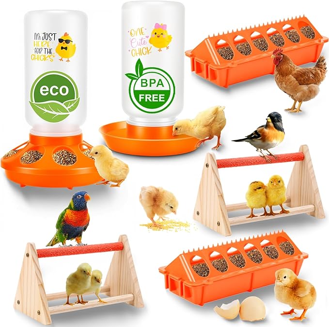 Chicken Feeder and Waterer Set,Automatic 1L Chick Feeder and Waterer with 2 Wooden Perch,Baby Chicks Supplies for Ducks,Quail,Small Poultry Coop Accessories