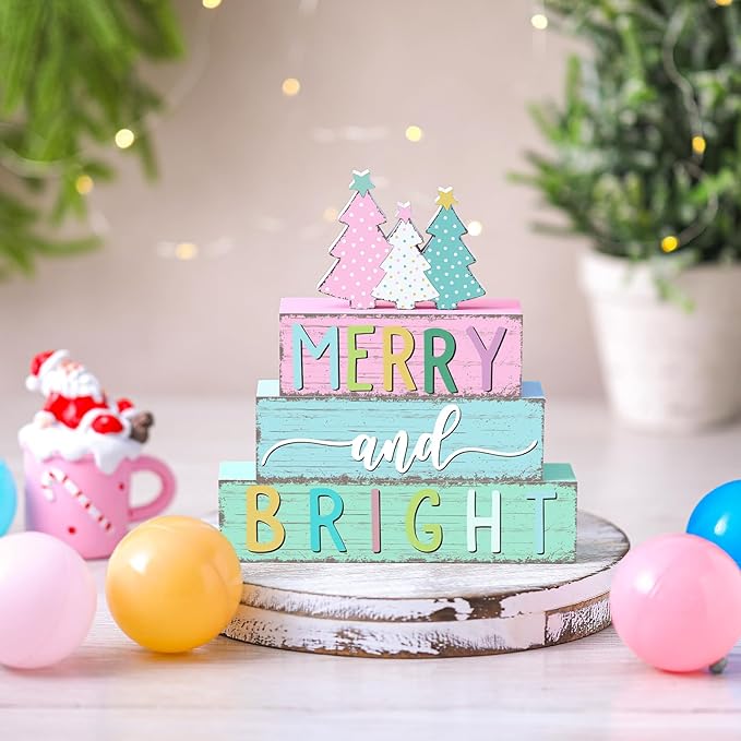 Geelin 4 Pcs Christmas Tree Table Sign Pastel Candy Color Wooden Decorations Xmas Tree Tiered Tray Decor Christmas Centerpieces Pastel Wooden Block Set Xmas Table Sign for Home