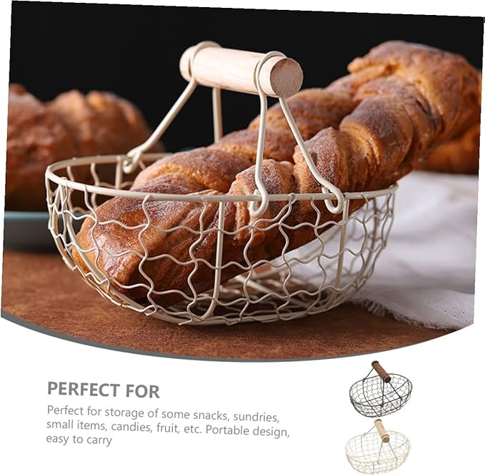 2pcs Retro Farmhouse Style Storage Baskets with Wooden Handles, Vintage Metal Wire Fruit and Vegetable Organizer for Kitchen Pantry, Snack and Egg Holder Set