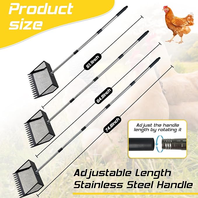 Chicken Poop Scooper & Rake 2-in-1 Stainless Steel Handle 5 in 1- Adjustable Height 22" to 75" Ideal for Chicken Coop Accessories Dog Poop Scooper for Yard Efficient Coop Cleanup Tool