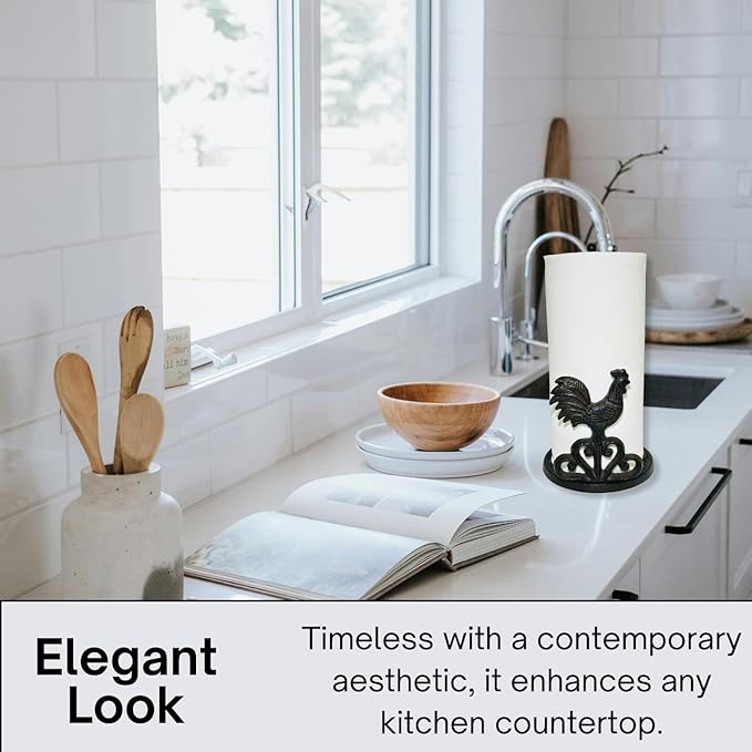 Rustic Elegance Cast Iron Rooster Paper Towel Holder - Freestanding 12" Kitchen Countertop Accessory with Farmhouse Charm - Black Country Style Decor