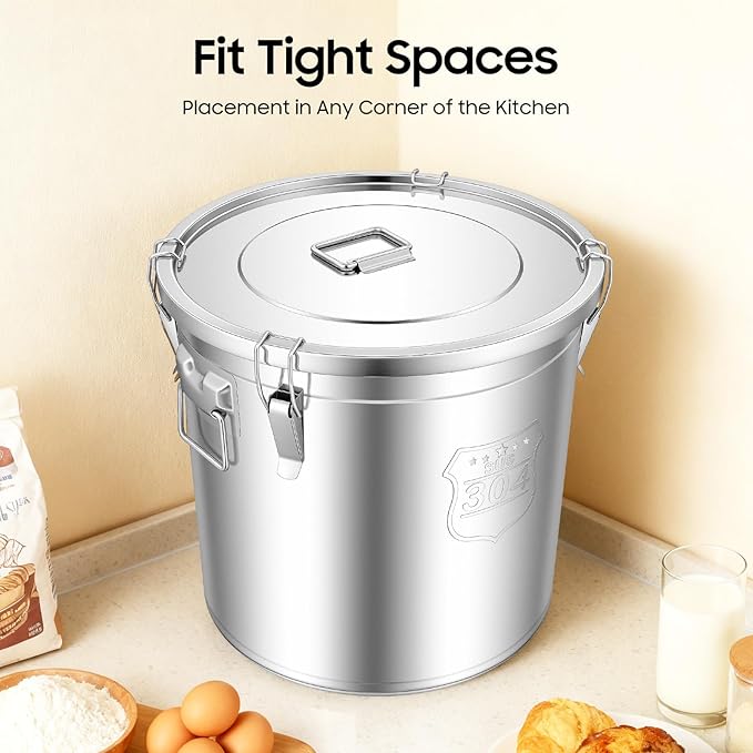 48L (12.68 gal) Stainless Steel Food Storage Container with Lid, Airtight Locking Bucket for Rice, Flour, Pet Food - Food Grade 304, Commercial & Home Kitchen (12.68 gal)