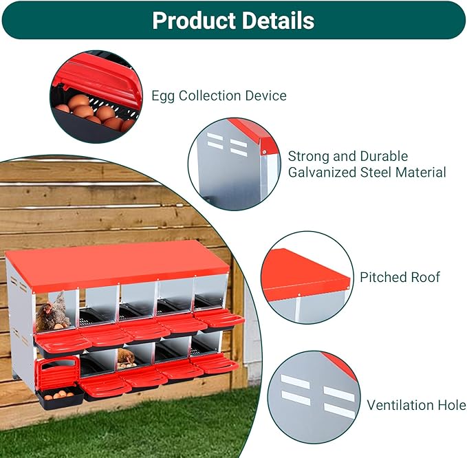 Nesting Box for Chickens, 10 Hole Chicken Nesting Box, Roll Away Nest Boxes to Protect Eggs, Poultry Nest Boxes for Chickens Laying Egg, Red