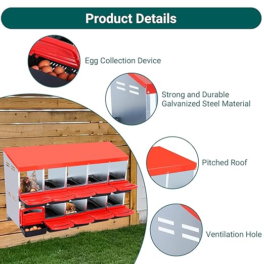 Garvee Chicken Nesting Boxes, 10 Hole Metal Chicken Laying Box with Removable Trays and Roll Out Egg Collection for Chicken Coop, Red