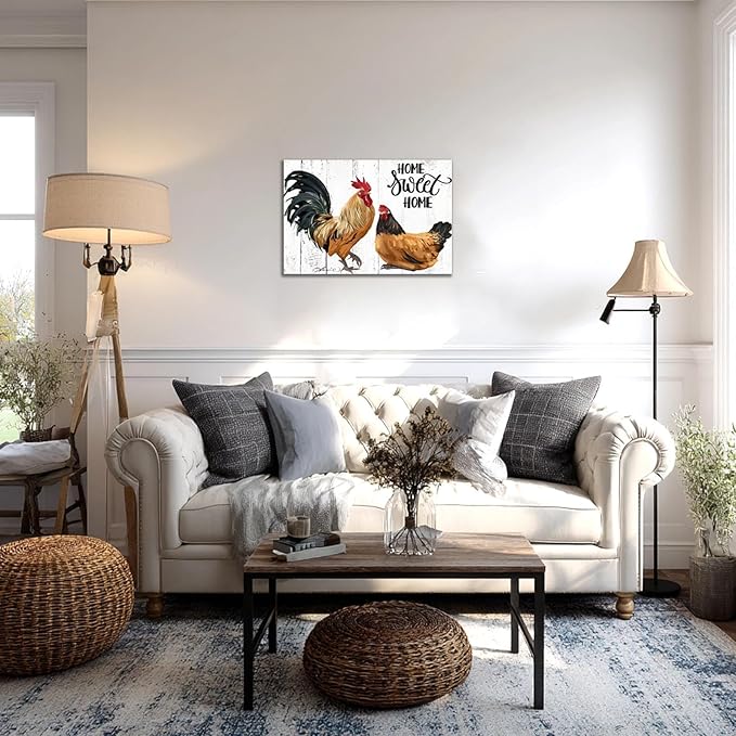 Farmhouse Rooster Wall Art Canvas Print - Rustic Kitchen Decor Painting for Home, Country Chicken Themed Artwork 10“x15"