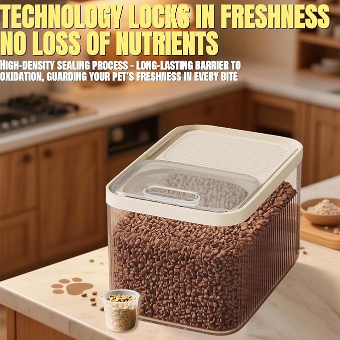 High-Capacity Pet Food Container Airtight with Cup, Dog Food Storage Container,Durable Design for Dog/Cat/Bird Food Storage, Keep Dry Food Fresh (Beige, 30 pounds)