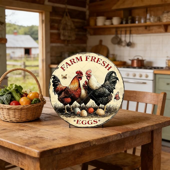 Funny Chicken Signs Farm Fresh Eggs Round Vintage Chicken Tin Sign for Coop Metal Tin Signs Poster 8 Inch