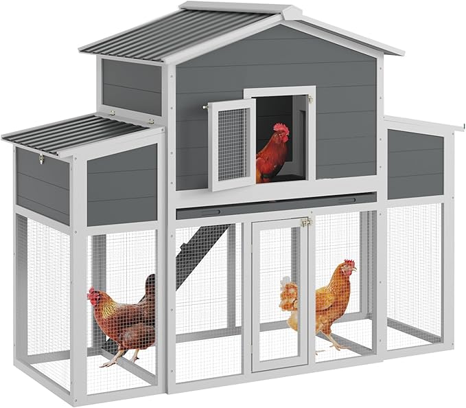 Wooden Chicken Coop with Run, Outdoor Chicken House with 2 Nest Boxes for 2-6 Chickens, Outside Hen House Poultry House Pet Hutch Chicken Cage with Waterproof Roof & Ramp, (66''LX32''WX53''H)