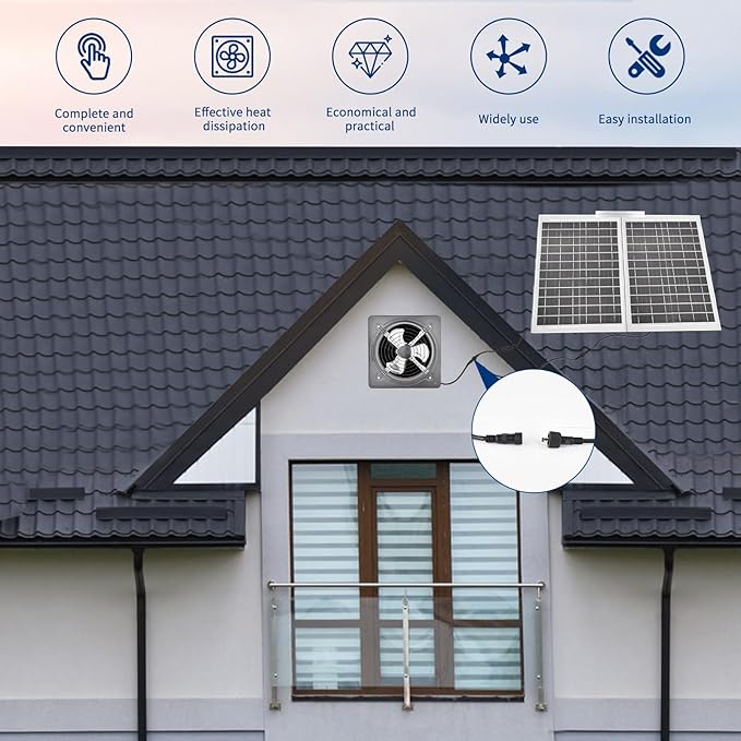 40W Solar Attic Fan Kit, 40W Solar Panel + a 25W DC Fan, Plug and Play, for Attic, Roof Vent, Green House or Chicken Coop