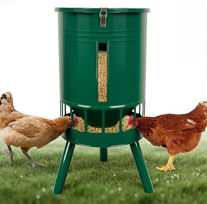 KOL 50LB Metal Chicken Feeder - No Waste, No Clog Design with 16 Ports & Smooth Gravity-Flow, Powder Coated Rust-Proof for Coop Use (Green)