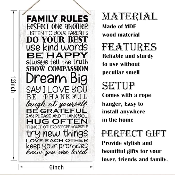 Family Rules Sign, Family Room Decor, Decorative Wood Hanging Wood Plaque, Home Living Room Decor, Inspirational Wall Decor, Housewarming Gift