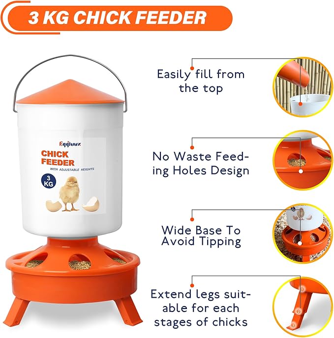 Chick Feeder and Waterer Set, Top Fill 3kg Chick Feeder and 1.5L Chick Waterer with 3 Adjustable Heights