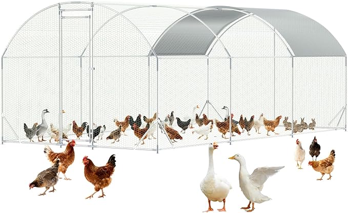 Large Metal Chicken Coop,10x20 FT Walk in Chicken Runs with Cover for 30 Chickens,Hen House Enclosure with Security Lock, Outdoor Duck Rabbit Cage Poultry Pens for Backyard,Farm,Yard