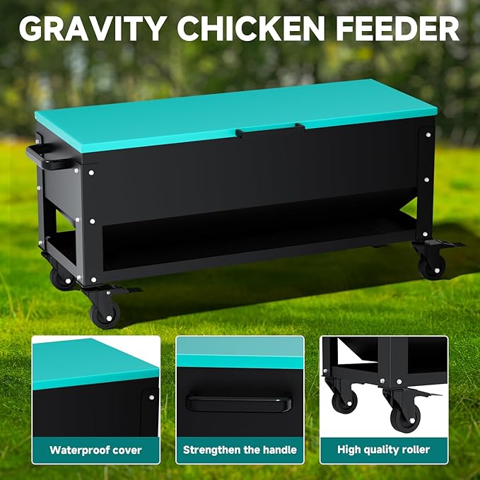 Heavy Duty Chicken Feeder 120 lbs Large Capacity, Metal Automatic Poultry Feeding Box with Waterproof Lid, Raised Standing Feeder with Wheels for Hens & Roosters, Portable & Easy to Move