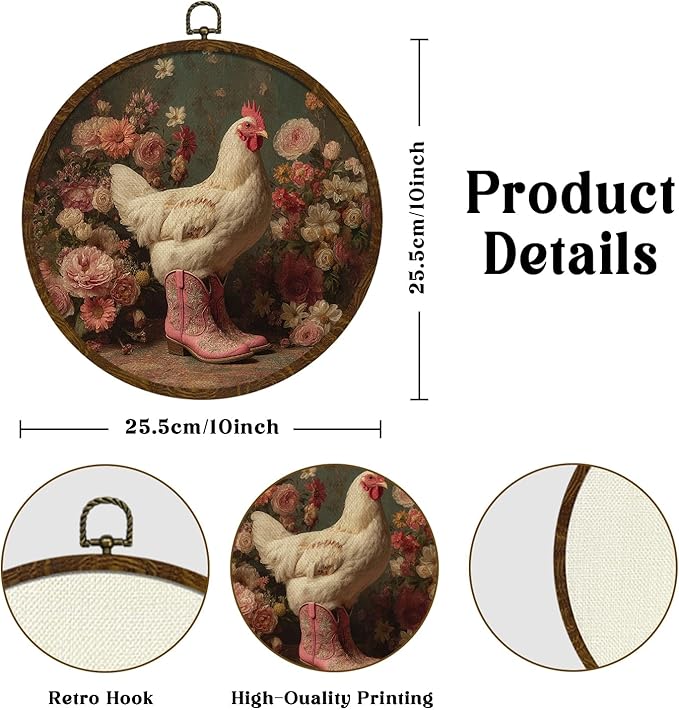 KLYTINK Whimsical Chicken Round Wall Art,Retro Floral Canvas Hanging Decor with Pink Cowboy Boots, Funny Farmhouse Animal Print for Kitchen, Entryway or Gift 10x10in (BY0636)