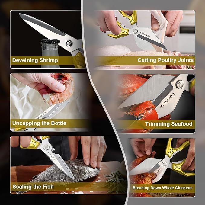 Dream Reach Kitchen Scissors Heavy Duty Kitchen Shears for Food, Meat Scissors Dishwasher Safe, Poultry Shears Set for Turkey, Meat, Seafood, Bone Cutting - Christmas Gifts for Men (Golden)