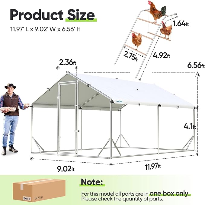 Quictent Large Metal Chicken Coop Run for 20+ Poultry with Climbing Perch, Side Hardware Cloth & Cover, Advanced Series Outdoor Walk-in Cage Hen Duck Rabbit Dog Pen Yard Farm House, 12x9x6.6FT