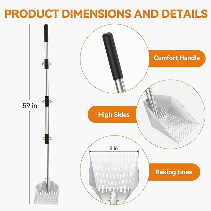 Chicken Poop Scooper: 2-in-1 Rake & Sifter - Silver Chicken Poop Shovel for Sand with Adjustable Stainless Steel Handle (35-59") for Small Spaces