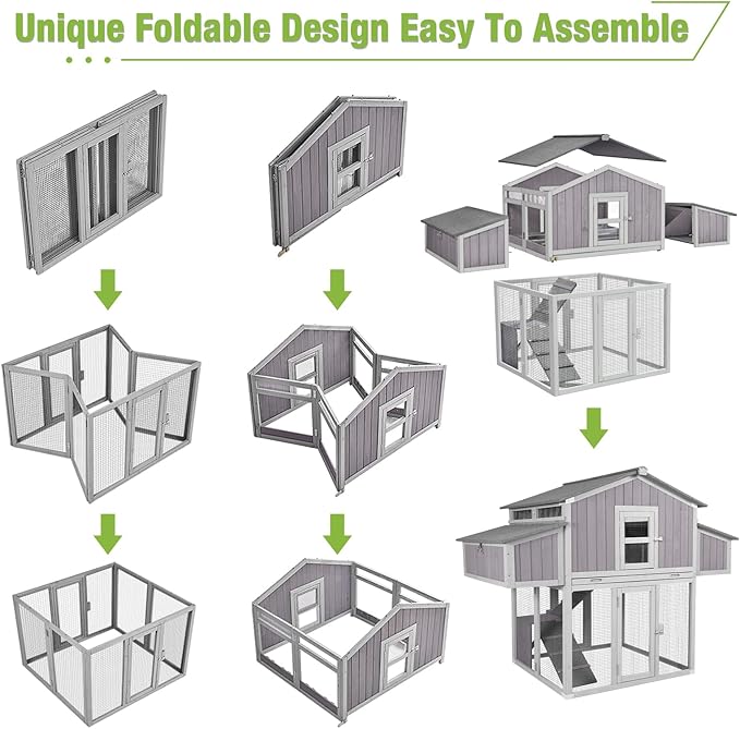 GUTINNEEN Large Chicken Coop for 6-8 Chickens Outdoor Chicken House with Two Nesting Box Folding Design Leakproof Pull-on Tray
