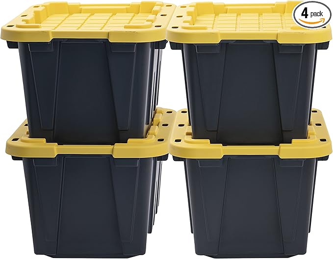 CX BLACK & YELLOW 12-Gallon Heavy Duty Storage Bins with Lids, Stackable Plastic Storage Bins with Weather-Resistant Design, Home Organization, 4 Pack (12.51H x 16.3W x 21.8D)