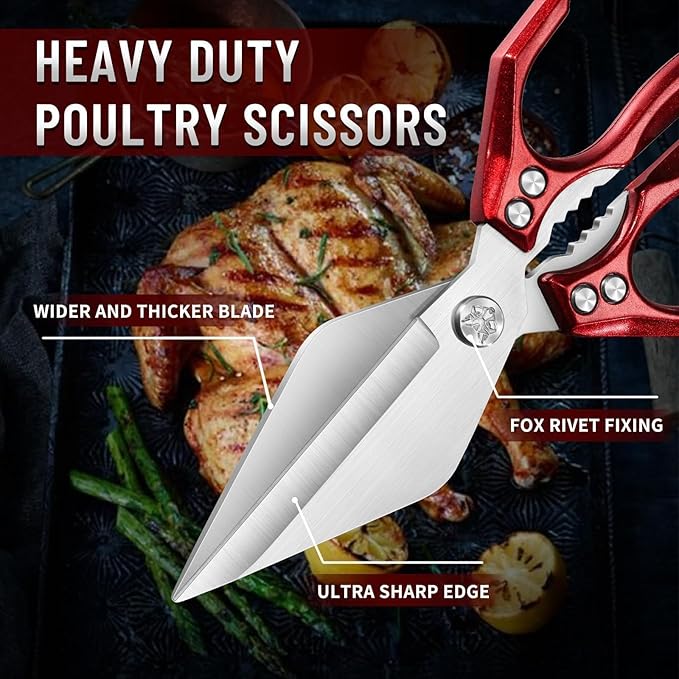 Dream Reach Poultry Shears - Heavy Duty Kitchen Scissors for Food with Ergonomic Handle, Japanese High-Carbon Steel Culinary Shears for Chicken, Meat, Seafood, Bone Cutting, Christmas Gifts (Red)