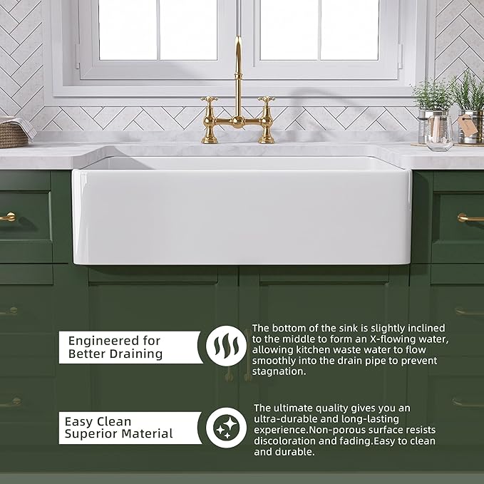 TUKTUK White Farmhouse Sink 36 inch Fireclay Farm Sink Apron Front Single Bowl Kitchen Sinks Deep Large Capacity Porcelain Ceramic Sink Undermount Luxury Bottom Grid & Strainer Drain Included