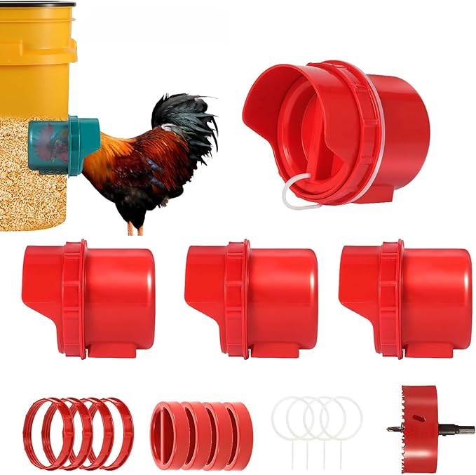 Chicken Feeder No Waste, 4 Ports Automatic Poultry Feeder with Covers & Hole Saw, Rain Proof Chicken Feeder Port for Buckets, Bins & Barrels