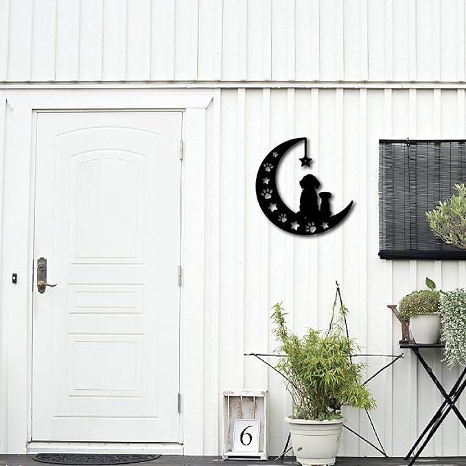 CREATCABIN Metal Moon Wall Decor Black Dog Wall Art Silhouette Pet Paw Print Minimalist Wall Sculpture Statues Hanging Decoration for Farmhouse Garden Balcony Ornament Dog Lovers Gift 11.8 x 11.8 Inch