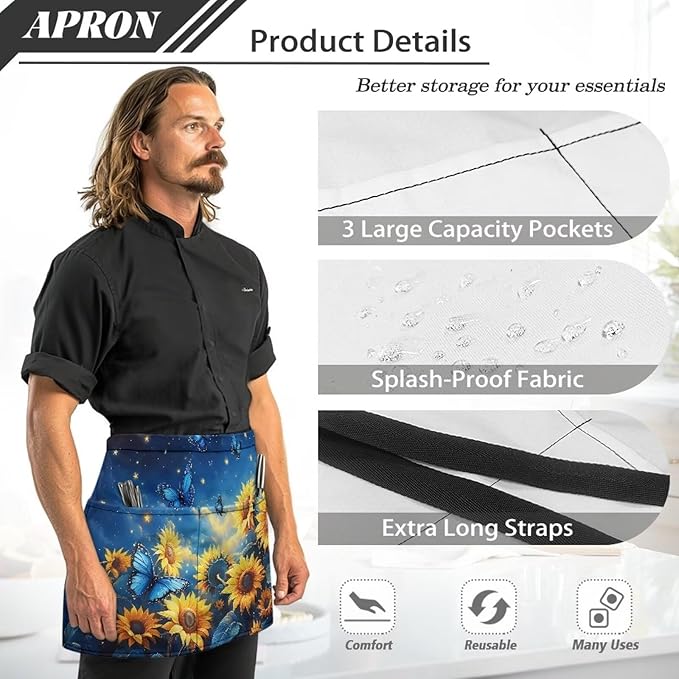 Waist Apron with 3 Pockets Waterproof 13 Inch Short Half Waist Aprons Women Men Server Aprons Waitress Waiter Apron