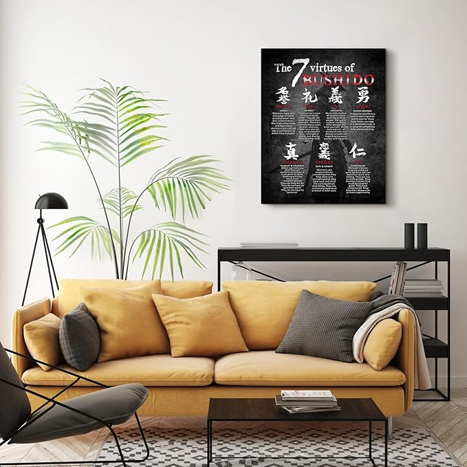 Japanese Samurai Wall Art 7 Virtues of Bushido Pictures Wall Decor Japanese Warrior Canvas Prints Poster Inspirational Framed Modern Painting Artwork Home Decorations for Bedroom Office Bathroom