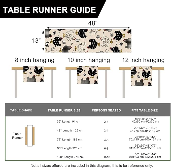 Seliem Chicken Hen Table Runner, Black White Eggs Plaid Polka Dots Farm Kitchen Dining Table Decor, Spring Farmhouse Burlap Home Decoration Indoor Outdoor Party Supply 13 x 48 Inches