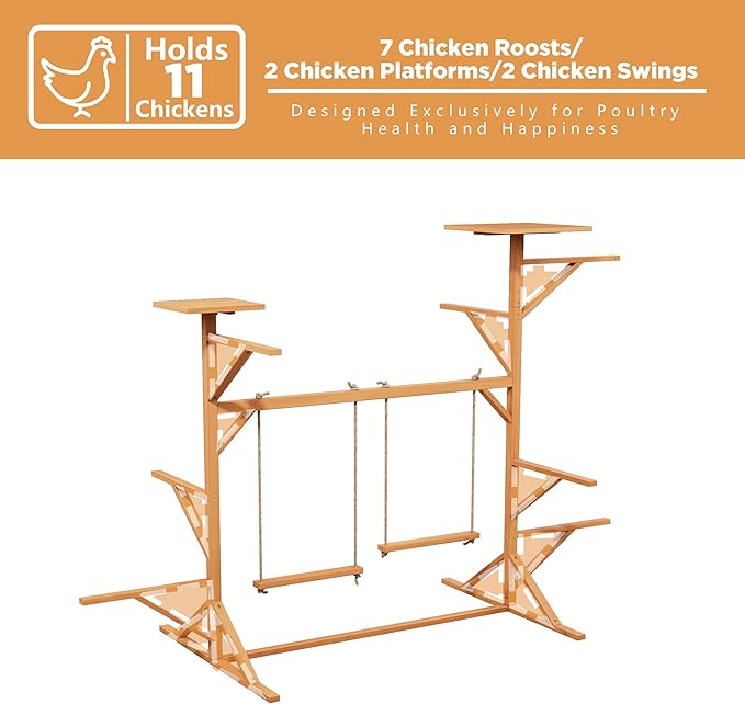 Large Wooden Chicken Perch Stand Roosting Bars with 2 Swings, Multi-Level Chicken Playground for Hens, Ducks & Pigeons, Sturdy Fir Wood Hens Jungle Gym for Coop or Backyard