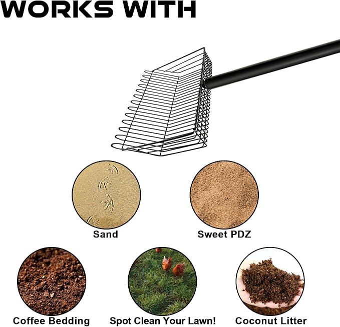 Chicken Poop Scooper & Rake 2-in-1, Stainless Steel Scooper with Adjustable Handle, Litter Scooper Sand Sifting Shovel for Chicken Poop & Pet Waste Cleaning