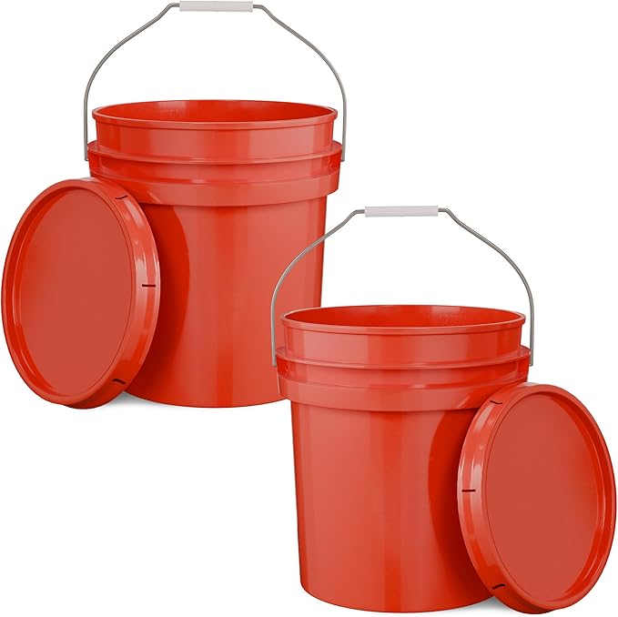 EconoHome 5-Gallon Red Bucket Pail Container with Lid | Metal Handles with Plastic Grip for Easy Carrying | Easy Stack and Store | Heavy-Duty Extra Durable | Food Grade | BPA Free - 2 Pack