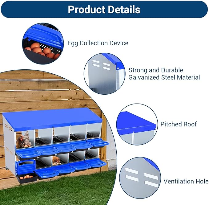 GarveeHome 2-Tier Chicken Nesting Box, 10 Compartment Metal Chicken Laying Boxes with Waterproof Roof ＆ Removable Trays for Hens, Poultry，Easy Egg Collection