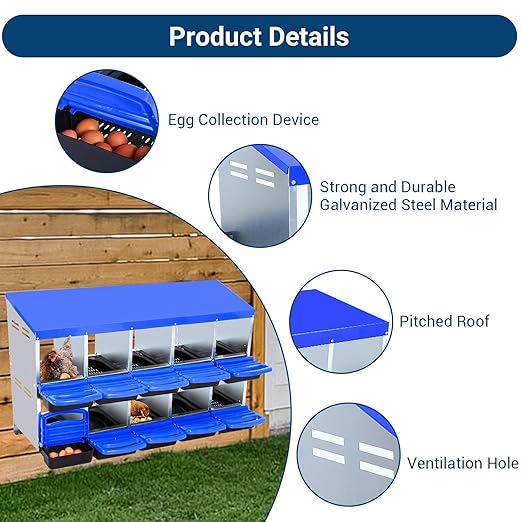 Chicken Nesting Boxes, 10 Hole Metal Chicken Laying Box with with Removable Trays and Roll Out Egg Collection for Chicken Coop, Blue