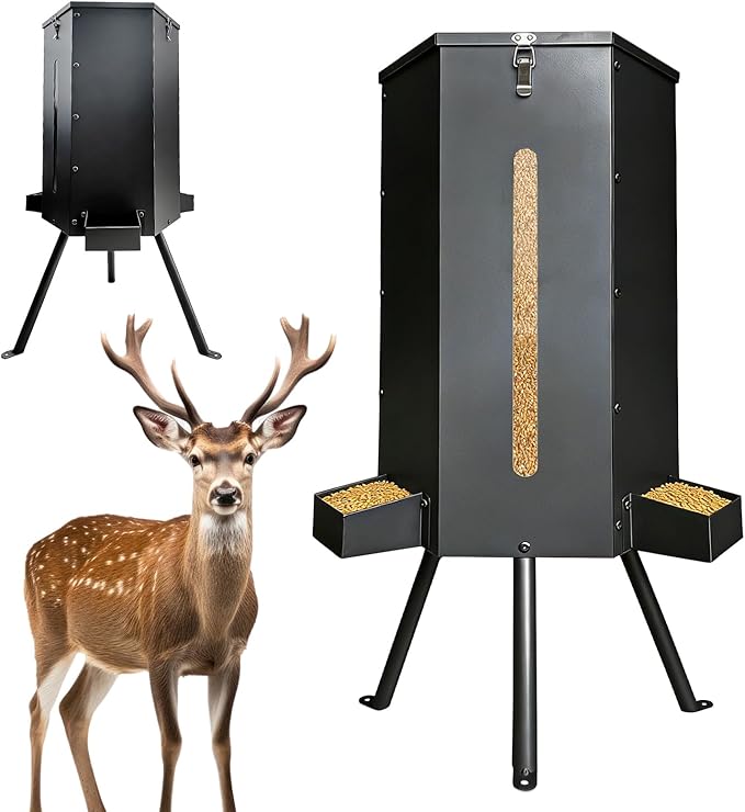 80 lbs Galvanized Steel Gravity Deer Feeder | Weatherproof & Anti-Rust Wildlife Game Feeder with 3 Feeding Trays & 3-Leg Stand | Automatic Corn Dispenser for Deer, Goats, Horses
