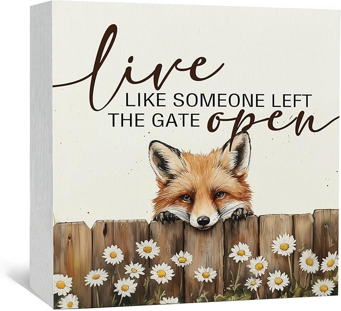 Fox Wooden Box Sign - Rustic Farmhouse Live Like Someone Left the Gate Open Signs for Home Decor,Farm Cottagecore Animal Office Kitchen Bedroom Decor,Fox Gifts for Women Men, 8x8