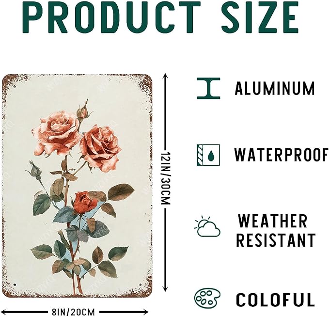 Flowers Metal Signs Rose Sign Vintage Tin Sign Retro Wall Art Decor for Living Room Bedroom Garden Yard Shop Bar 8×12 Inches