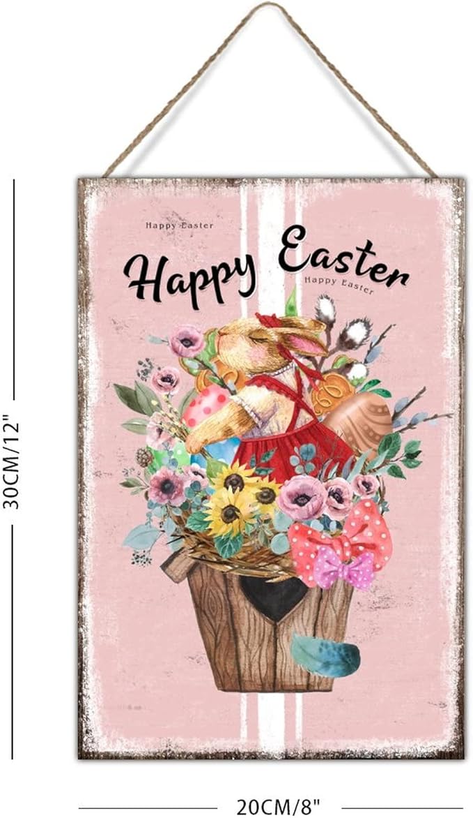 Wall Art Decor Sign Happy Easter Flower Basket Bunny Sign French Style Floral Pink Stripes Wood Signs Farmhouse Easter Decor Welcome Spring Hanging Sign for Bedroom 8x12in