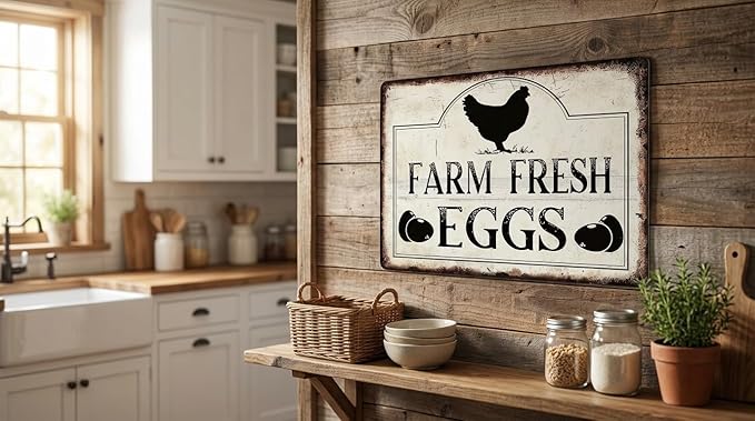 Farm Fresh Eggs Vintage Metal Tin Sign 12x8 Inch - Rustic Farmhouse Chicken Wall Art, Fresh Eggs Sign for Kitchen Restaurant Cafe Bar Garage, Country Decor Gift