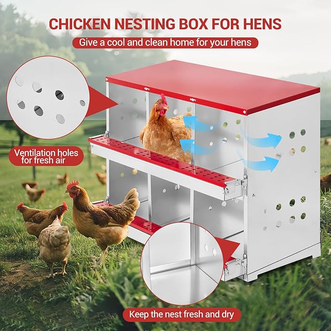 Heavy Duty Metal Chicken Nesting Box – 6 Compartments, Roll-Out Egg Collection, Pull-Out Tray, Swing Perch, Wall Mount, Easy Clean, for Hens & Ducks, Indoor/Outdoor, with Cover-Red, 96×48×71cm