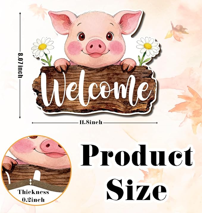 Farmhouse Wall Decor, Cute Pig Welcome Sign with Daisies, Rustic Wood Hanging Plaque, Watercolor Farm Animal Wall Art Painting Style, Country Kitchen or Porch Door Sign, 11.8x9.6 Inches