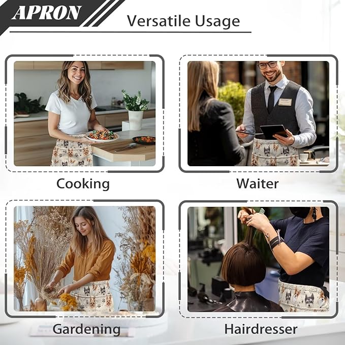 Waist Apron with 3 Pockets Waterproof 13 Inch Short Half Waist Aprons Women Men Server Aprons Waitress Waiter Apron